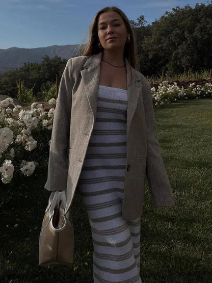 Striped tube top skirt with jacket, floral garden setting