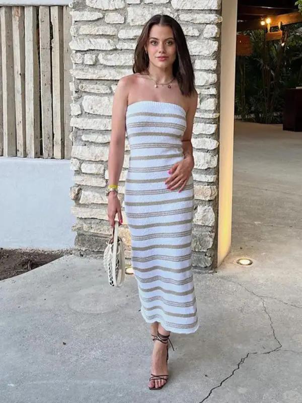 Striped tube top tight skirt in bohemian style, outdoor setting