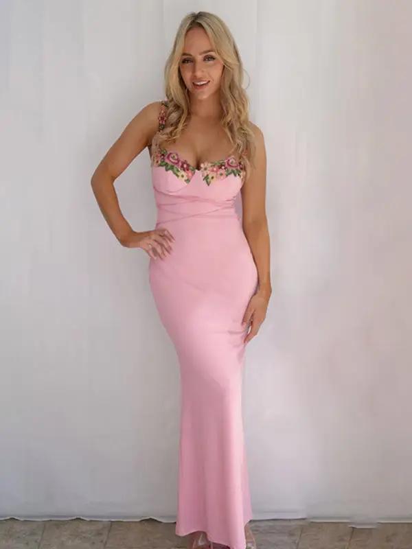 Pink floral embroidered long dress, front view