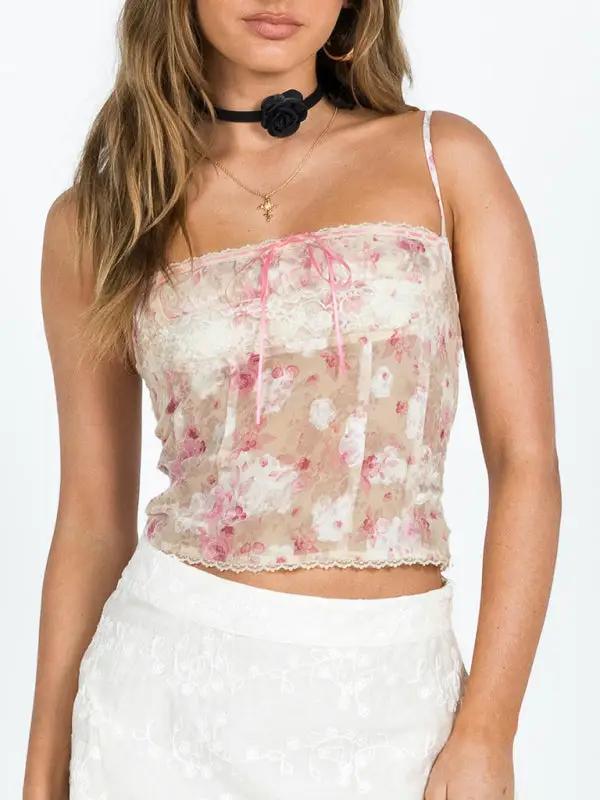 Lace slightly see-through flower sexy hot girl short camisole top vest