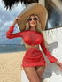 Red mesh hollow drawstring swimsuit bikini set on beach