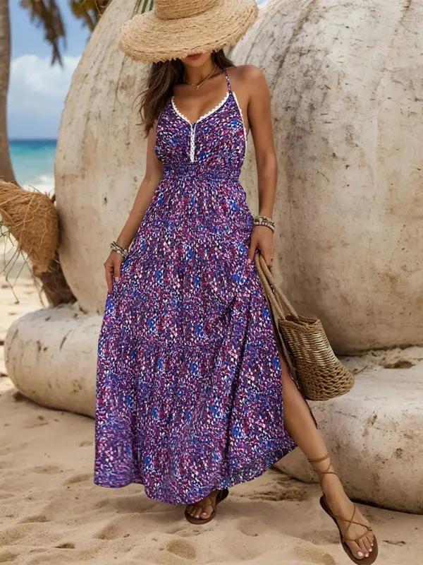 Woman in printed holiday suspender dress on beach