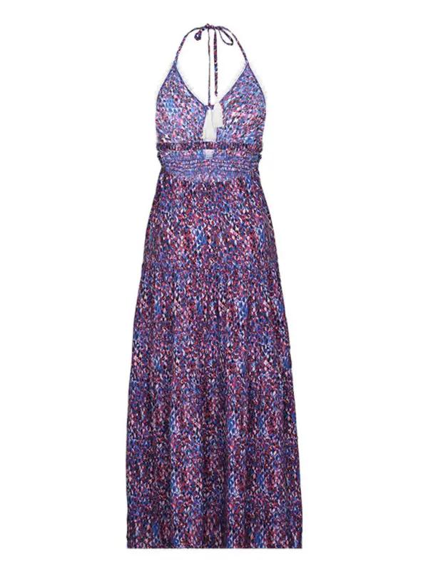 Front view of printed holiday style suspender dress