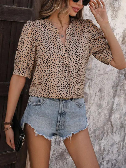 New puff sleeve pullover leopard print shirt