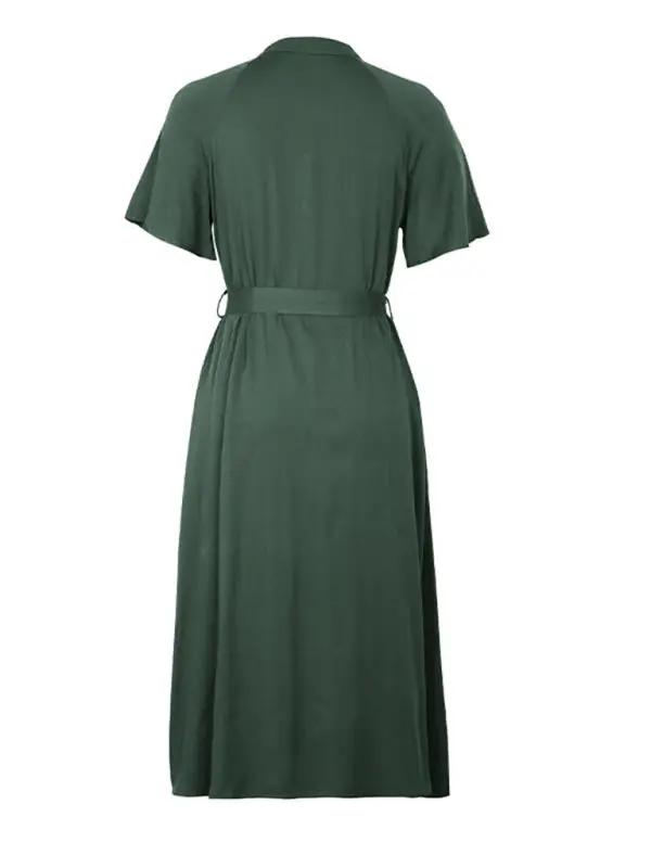 Back view of green lapel single breasted dress.