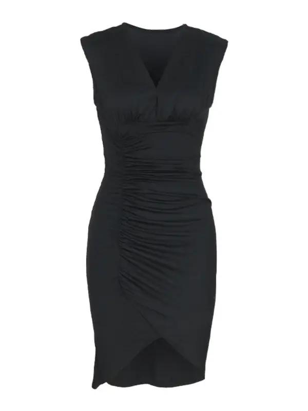 Front view of sleeveless black slim fit dress with ruched detail