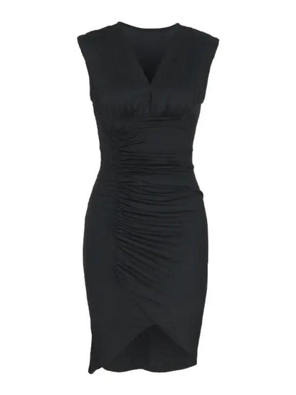 Front view of sleeveless black slim fit dress with ruched detail