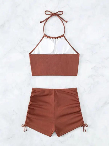 Brown bikini set with halter neck and boxer briefs
