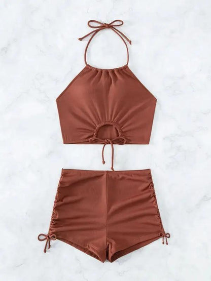 Brown halter neck bikini with ruched boxer briefs