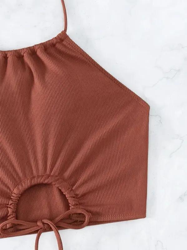 Close-up of brown halter neck bikini top