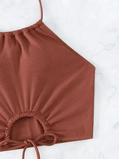 Close-up of brown halter neck bikini top