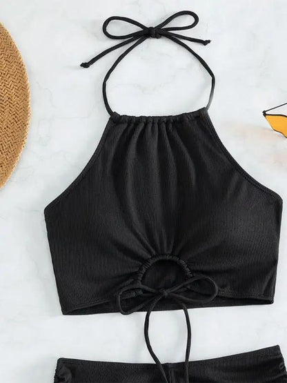 Black halter neck bikini top with drawstring detail