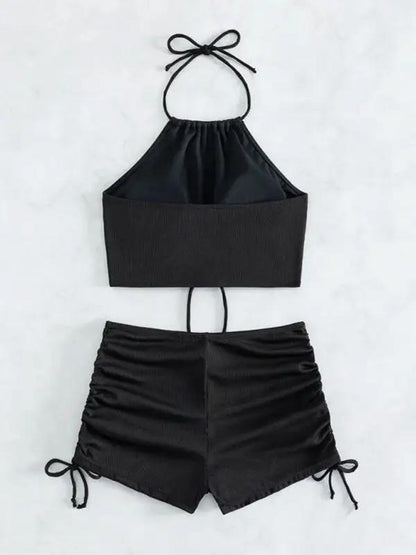 Black bikini set with halter neck and ruched briefs