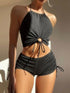 Black halter neck bikini with split boxer briefs