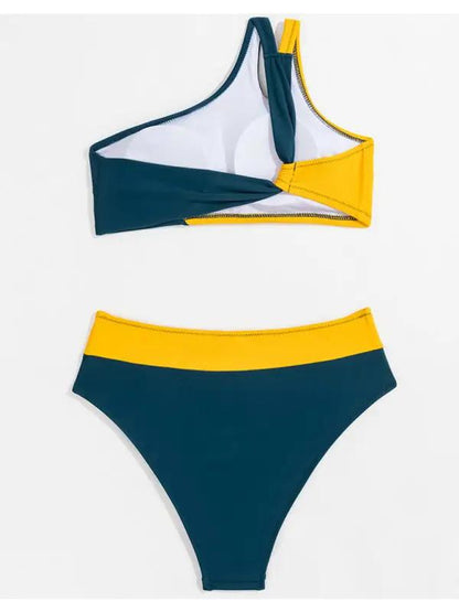 Front view of color block one shoulder bikini