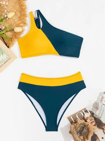 Color block bikini with one shoulder design