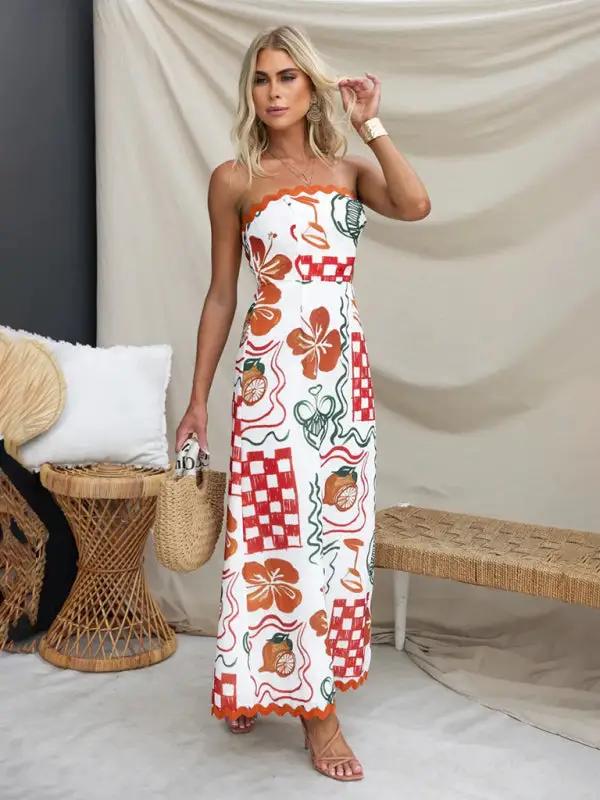Front view of breast-wrapped pleated casual printed dress