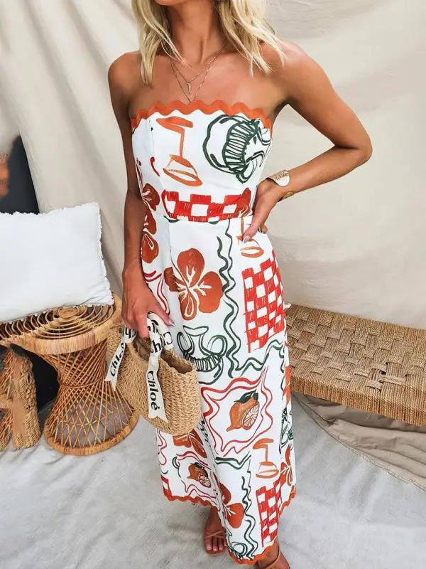 Breast-wrapped pleated casual printed dress, side view