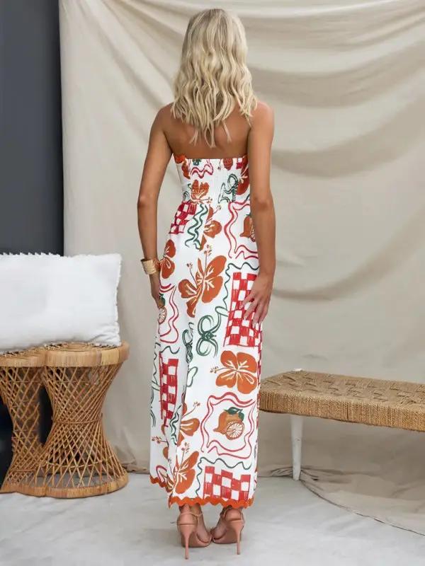 Back view of breast-wrapped pleated casual printed dress