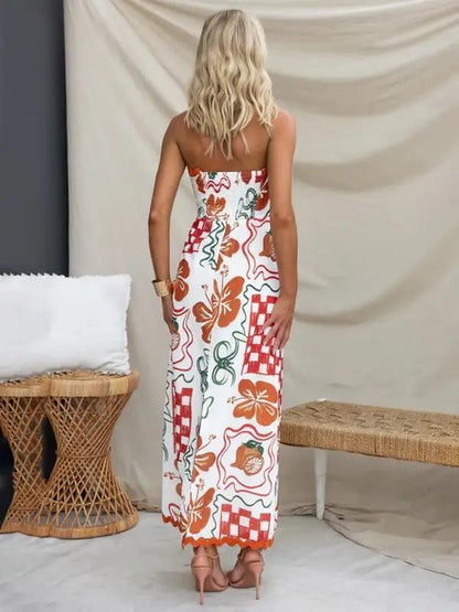 Back view of breast-wrapped pleated casual printed dress
