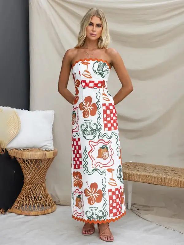 Model wearing breast-wrapped pleated casual printed dress