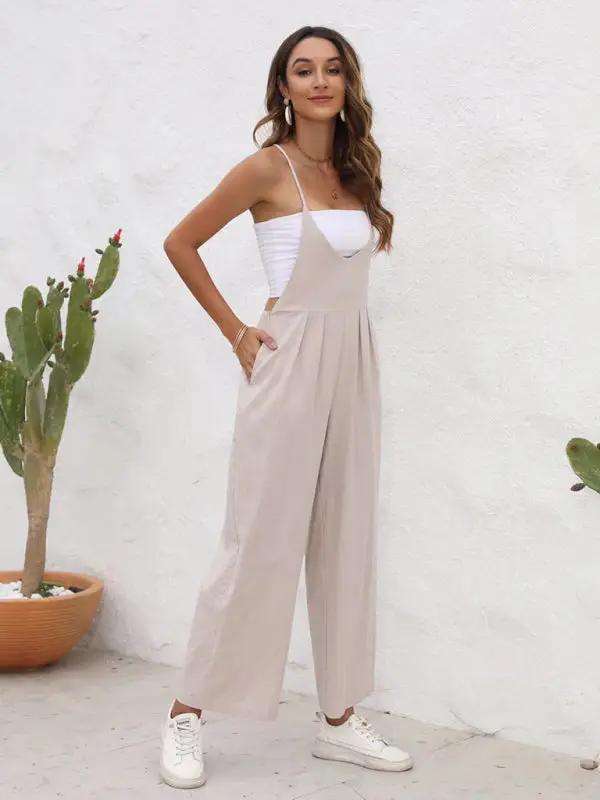 Beige casual suspender trousers, side view