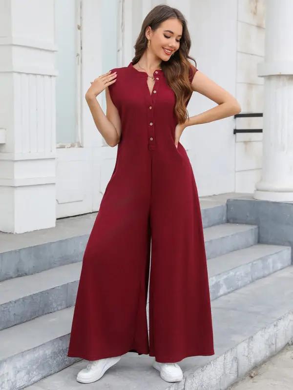 Red casual loose pocket jumpsuit, side pose