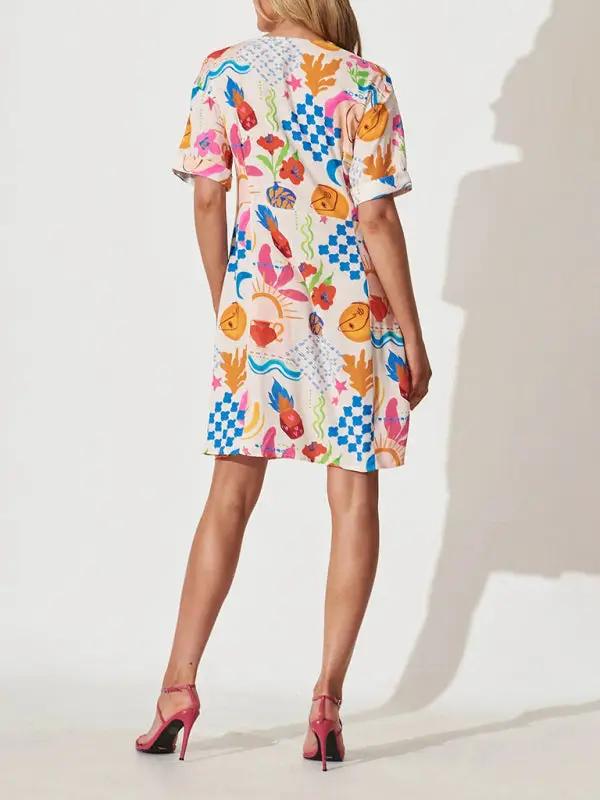 Colorful single breasted loose holiday dress back view