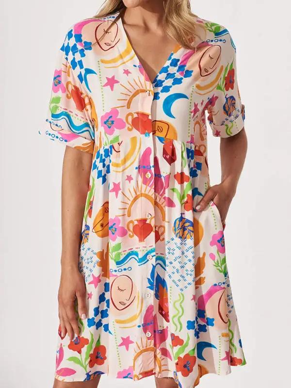 Colorful single breasted loose holiday dress front view