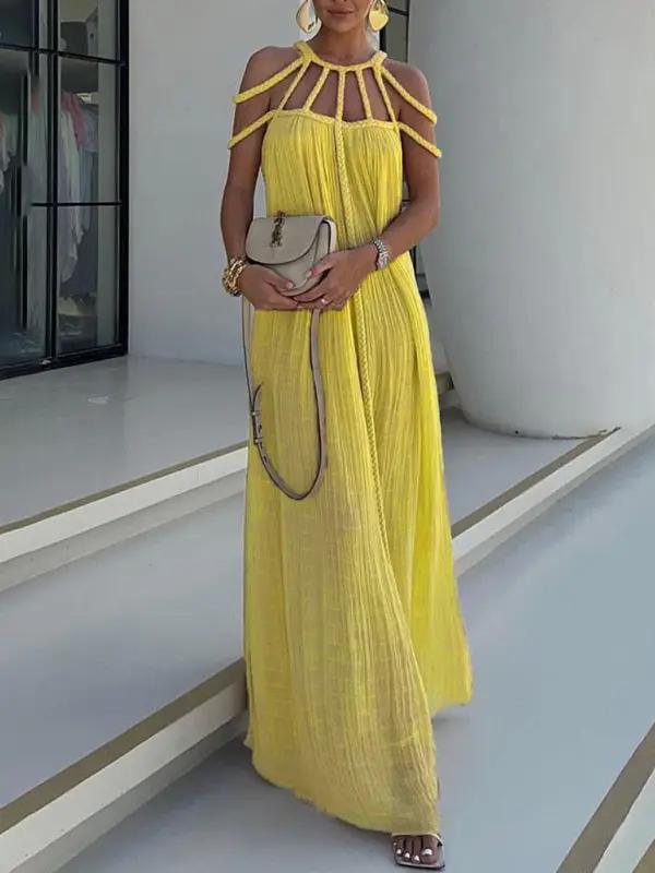 Yellow casual drawstring holiday loose fashion dress