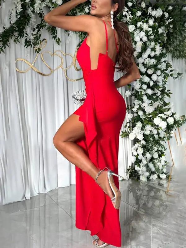 Red shoulder slit party dress back view