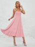 Pink sleeveless long suspender dress front view