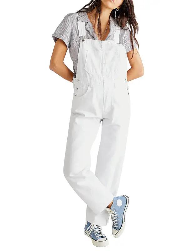 White denim overalls with casual loose fit