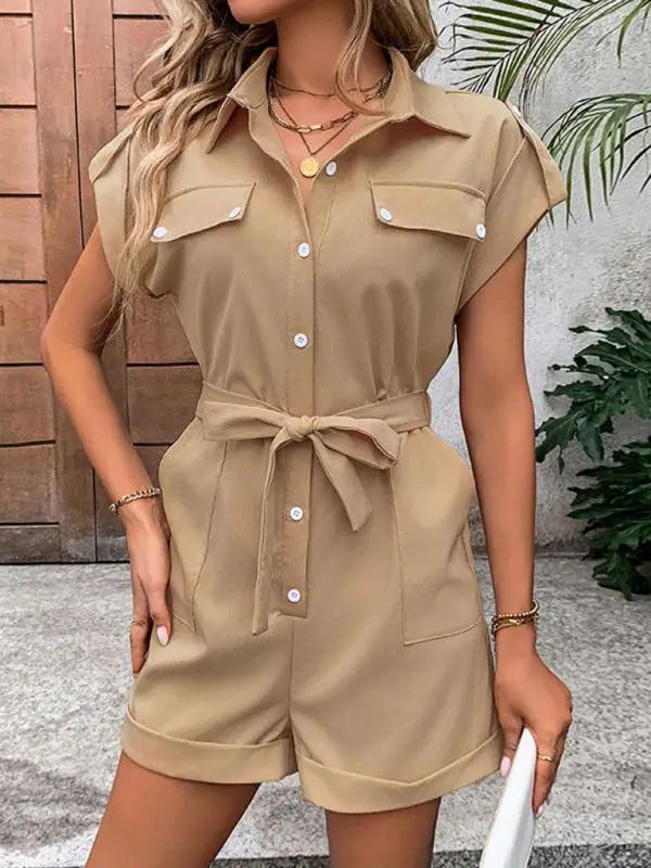 Beige lace-up high waist lapel jumpsuit front view