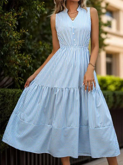 Elegant vertical striped sleeveless dress in garden