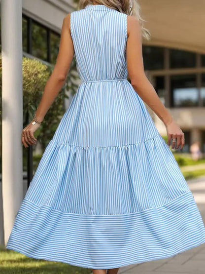 Back view of vertical striped sleeveless dress