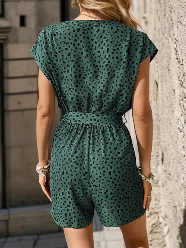 New leopard print jumpsuit v-neck commuter shorts jumpsuit