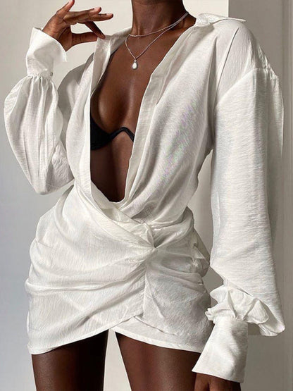 Long sleeve white shirt sexy deep V women&