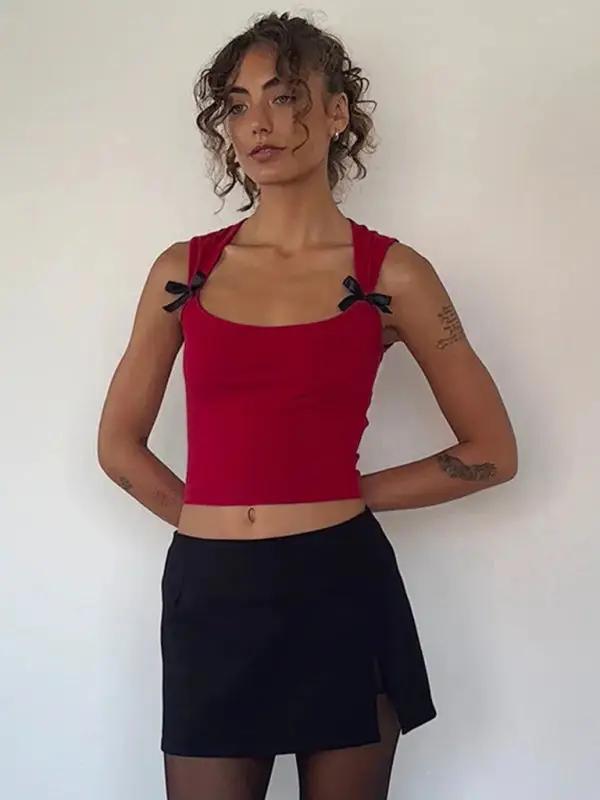 Red casual vest with bow decoration, front view