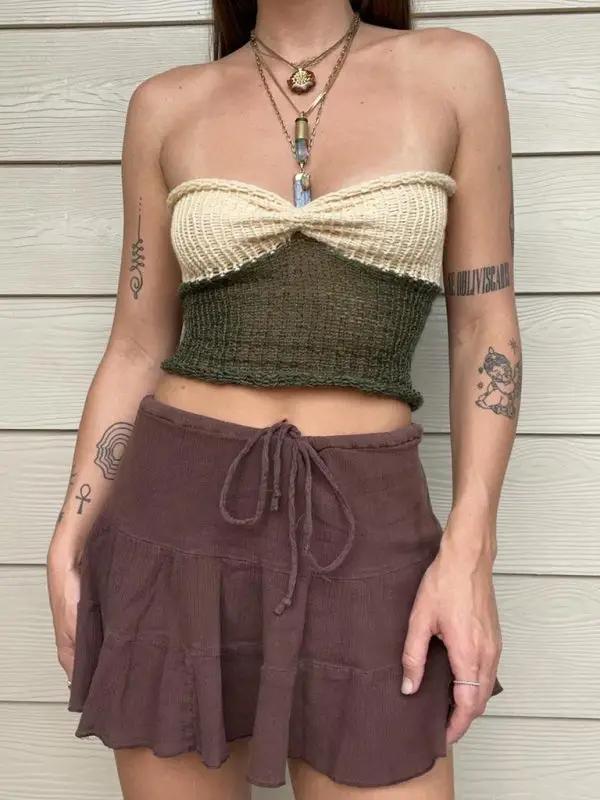 Strapless green and beige woolen patchwork vest