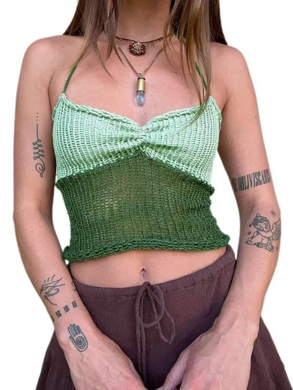 Green patchwork woolen vest with suspenders