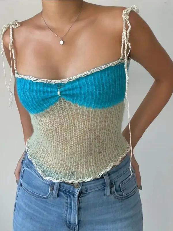 Slim fit contrast color sexy suspender top in blue and beige