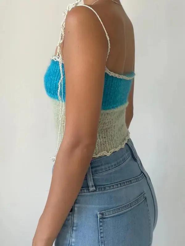 Side view of slim fit contrast color suspender top in blue and beige