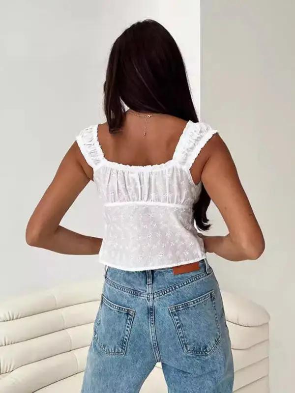 White lace tie top with slim fit design, back view