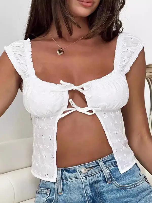 White lace tie top with slim fit design, front view