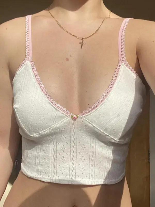 Lace stitching pink spaghetti straps sexy V-neck low-cut tight top