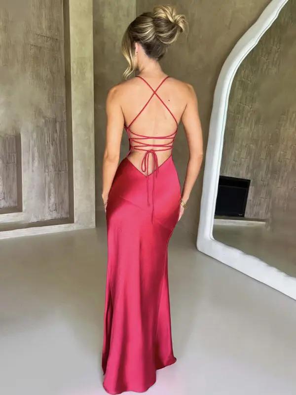 Back view of red satin backless long dress