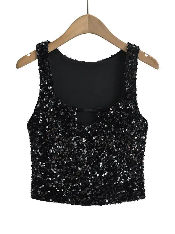New Hot Girl Fashion Casual Sequined Sexy Square Neck Hollow Navel Vest