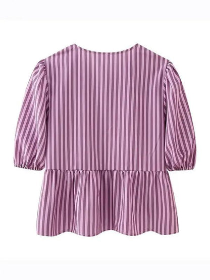 Purple striped puff sleeve lace-up top, back view