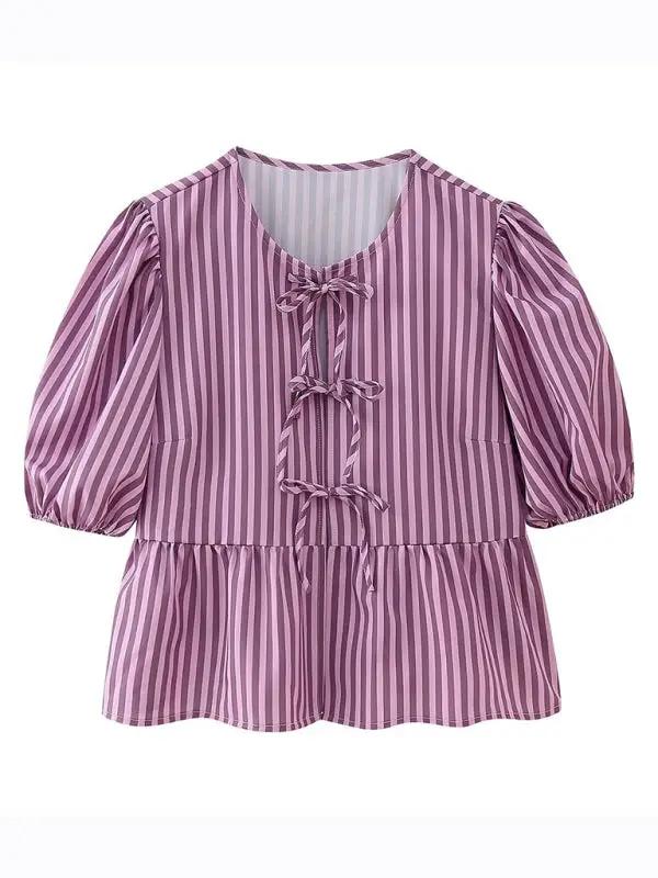 Purple striped puff sleeve lace-up top, front view